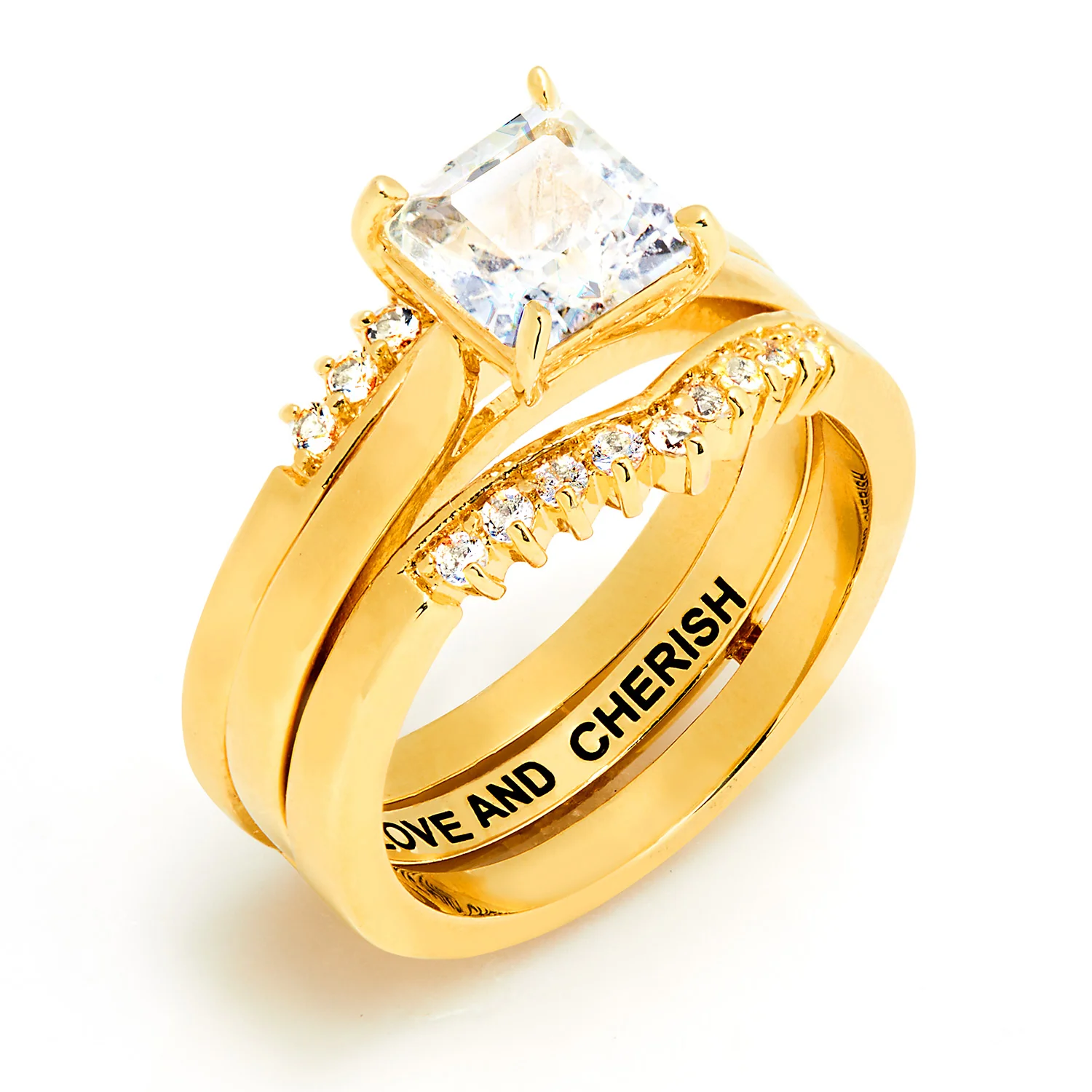 Gold over Sterling Square White Topaz Solitaire with Enhancer Engraved Engagement Ring Set - Image 6