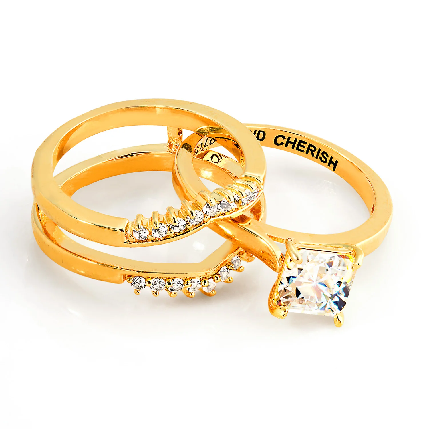 Gold over Sterling Square White Topaz Solitaire with Enhancer Engraved Engagement Ring Set - Image 7