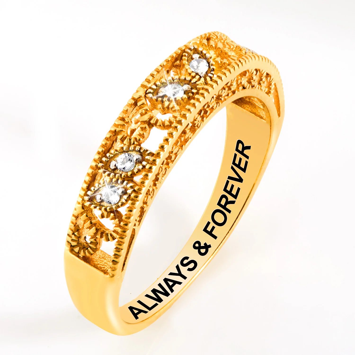 Gold over Sterling Vintage Filigree White Topaz Band Ring - Image 3