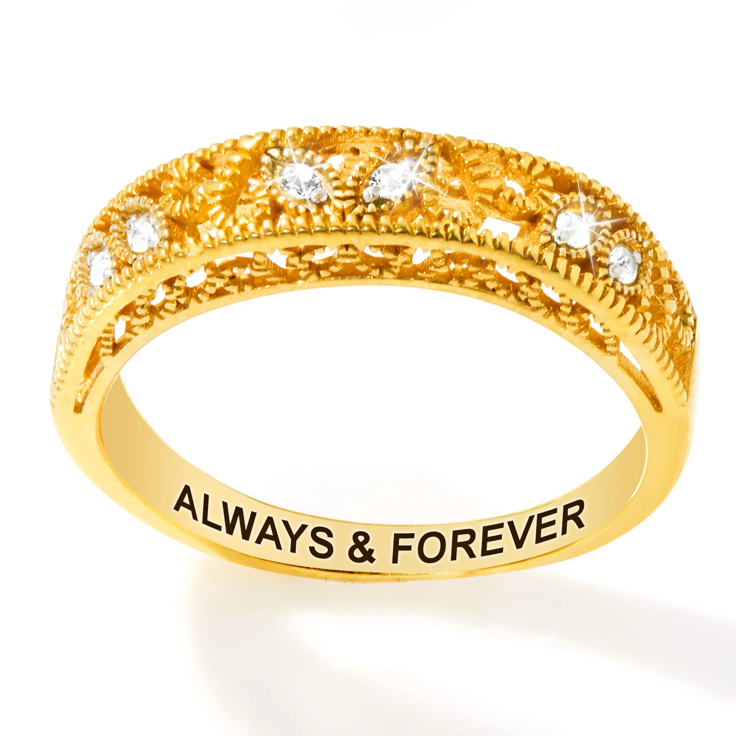Gold over Sterling Vintage Filigree White Topaz Band Ring - Image 4