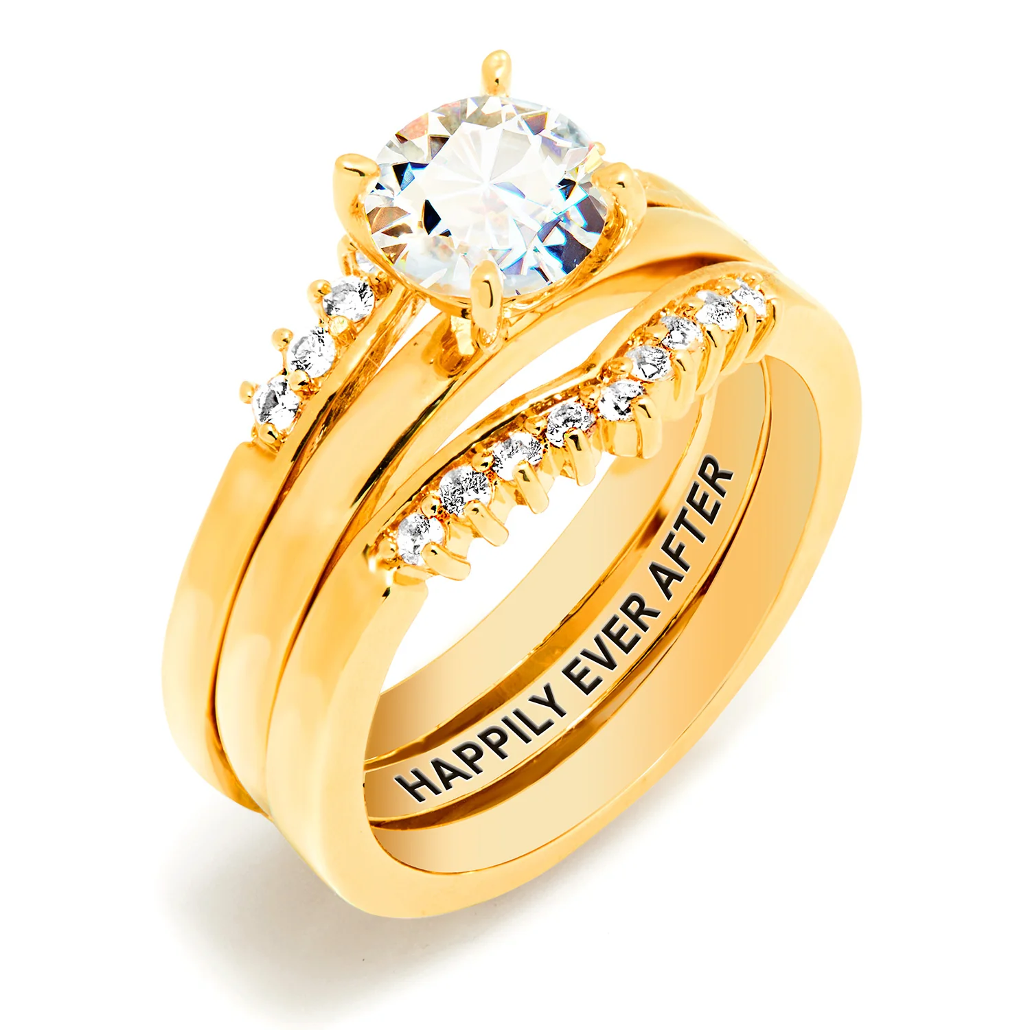 Gold over Sterling White Topaz Solitaire with Enhancer Engraved Engagement Ring Set - Image 6
