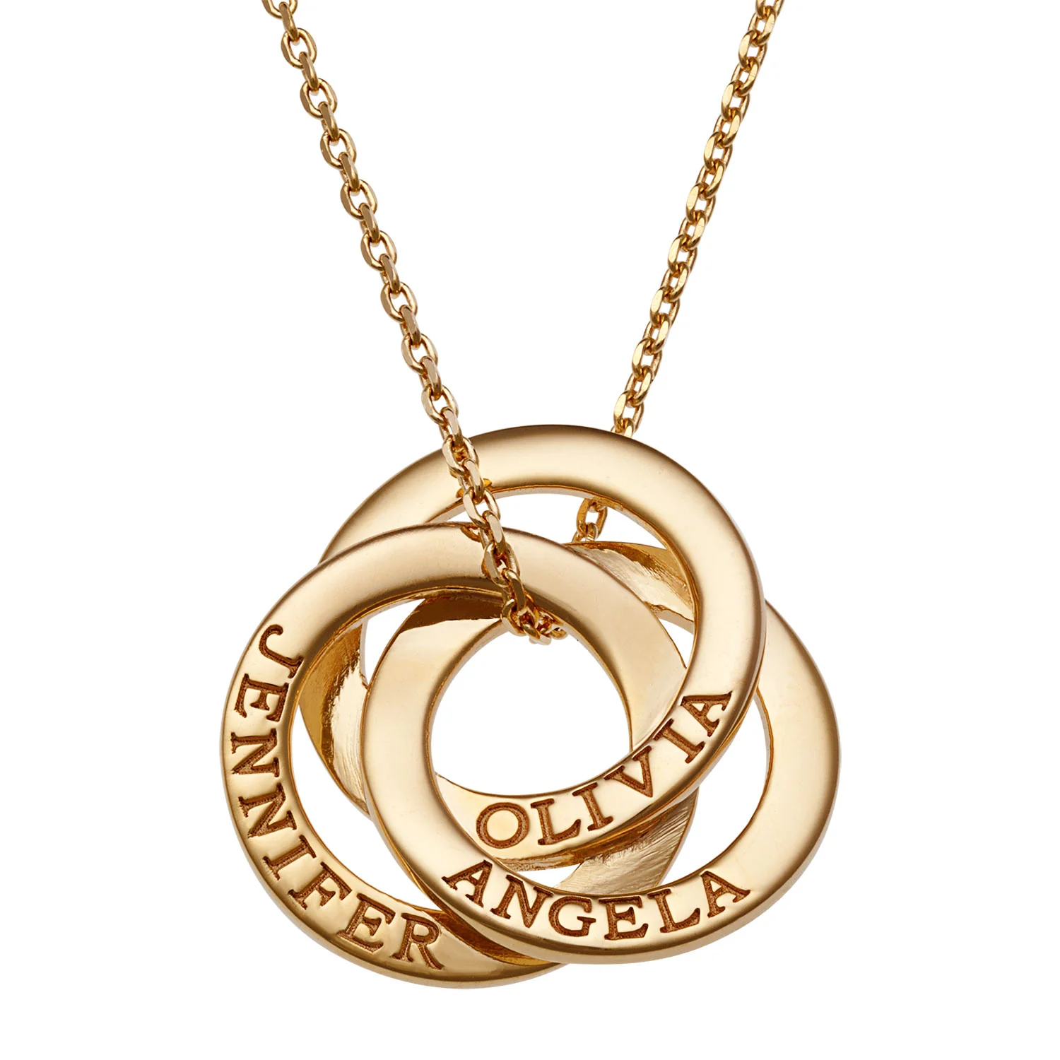 14K Gold Plated Interlocking Rings Engraved Names Necklace - Image 2