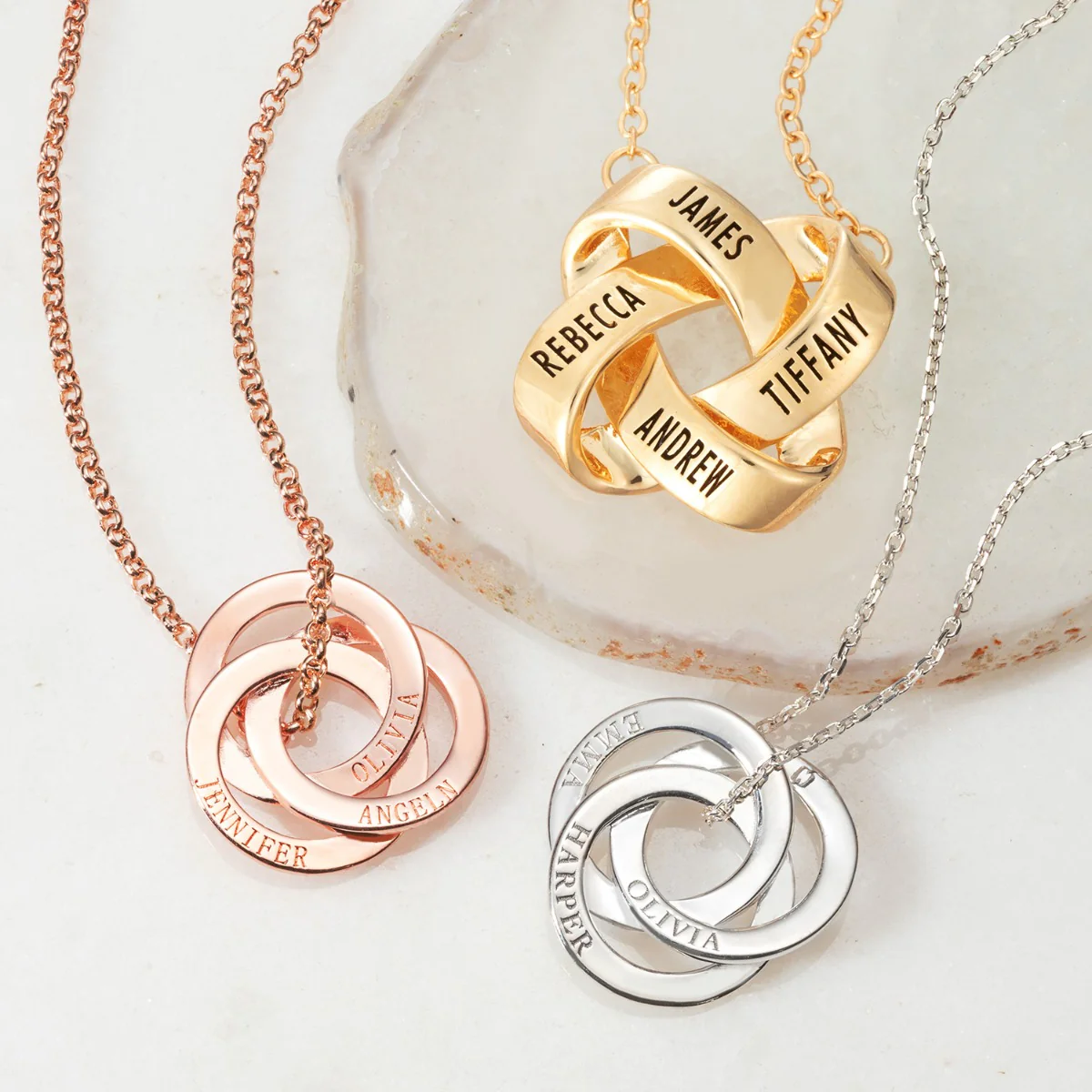 14K Gold Plated Interlocking Rings Engraved Names Necklace - Image 7