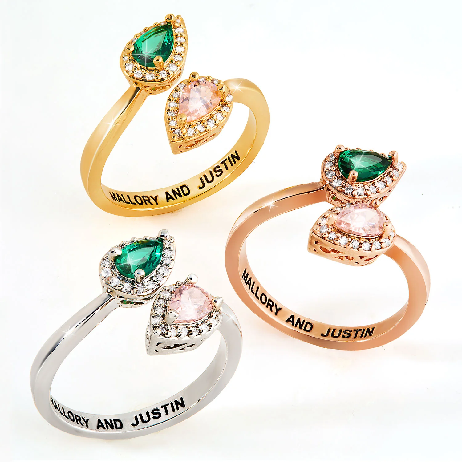 Gold Plated Couple's Pear Birthstone CZ Halo Bypass Ring - Image 4