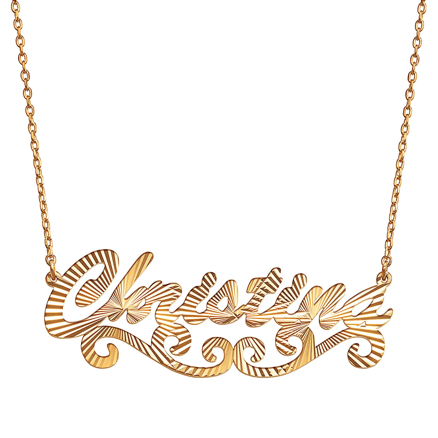 14K Gold Plated Diamond Cut Script Name Necklace with Swirl