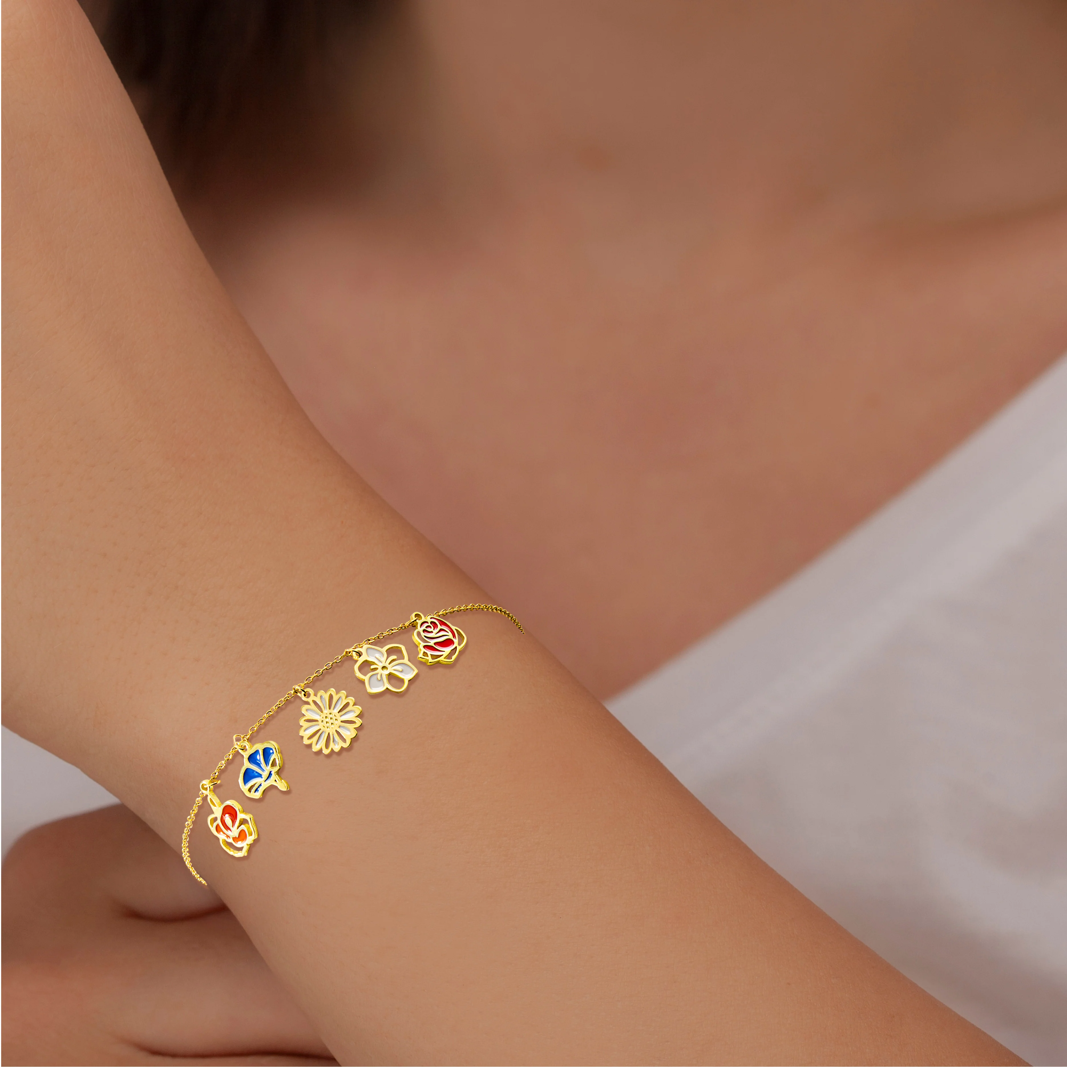 Gold Plated Enamel Birth Month Flower Charm Bracelet - Image 2
