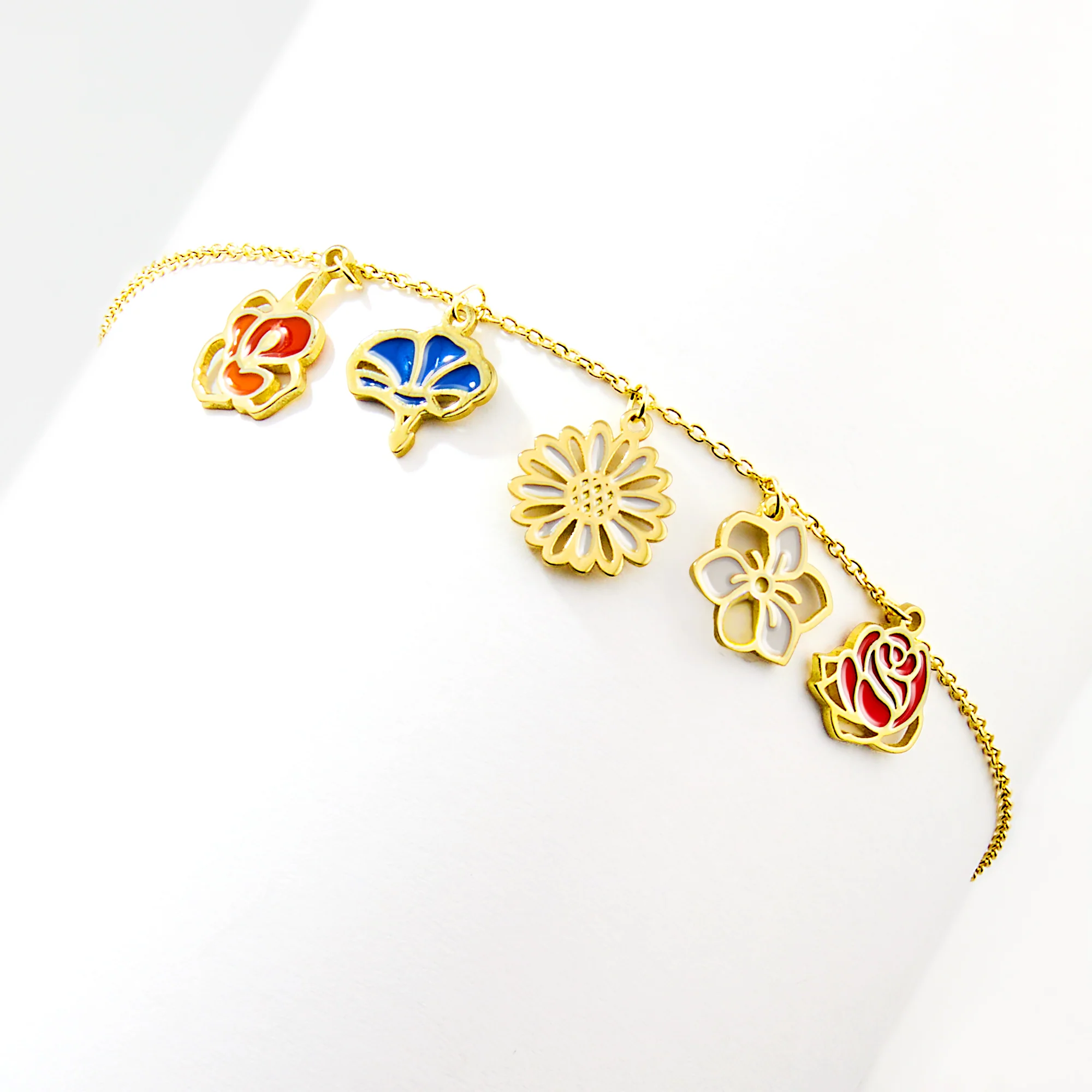 Gold Plated Enamel Birth Month Flower Charm Bracelet - Image 3
