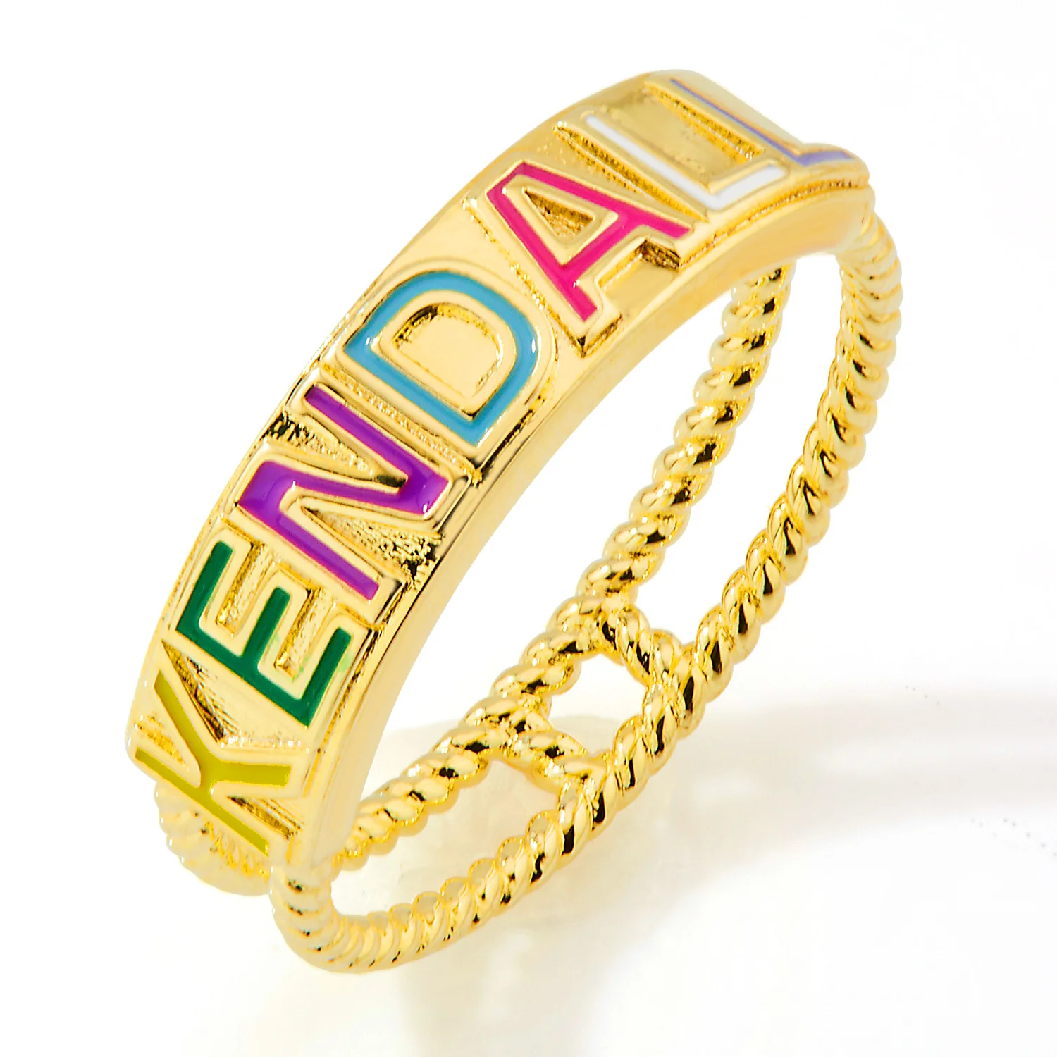 Gold Plated Enamel Name with Double Roped Band Ring - Image 3