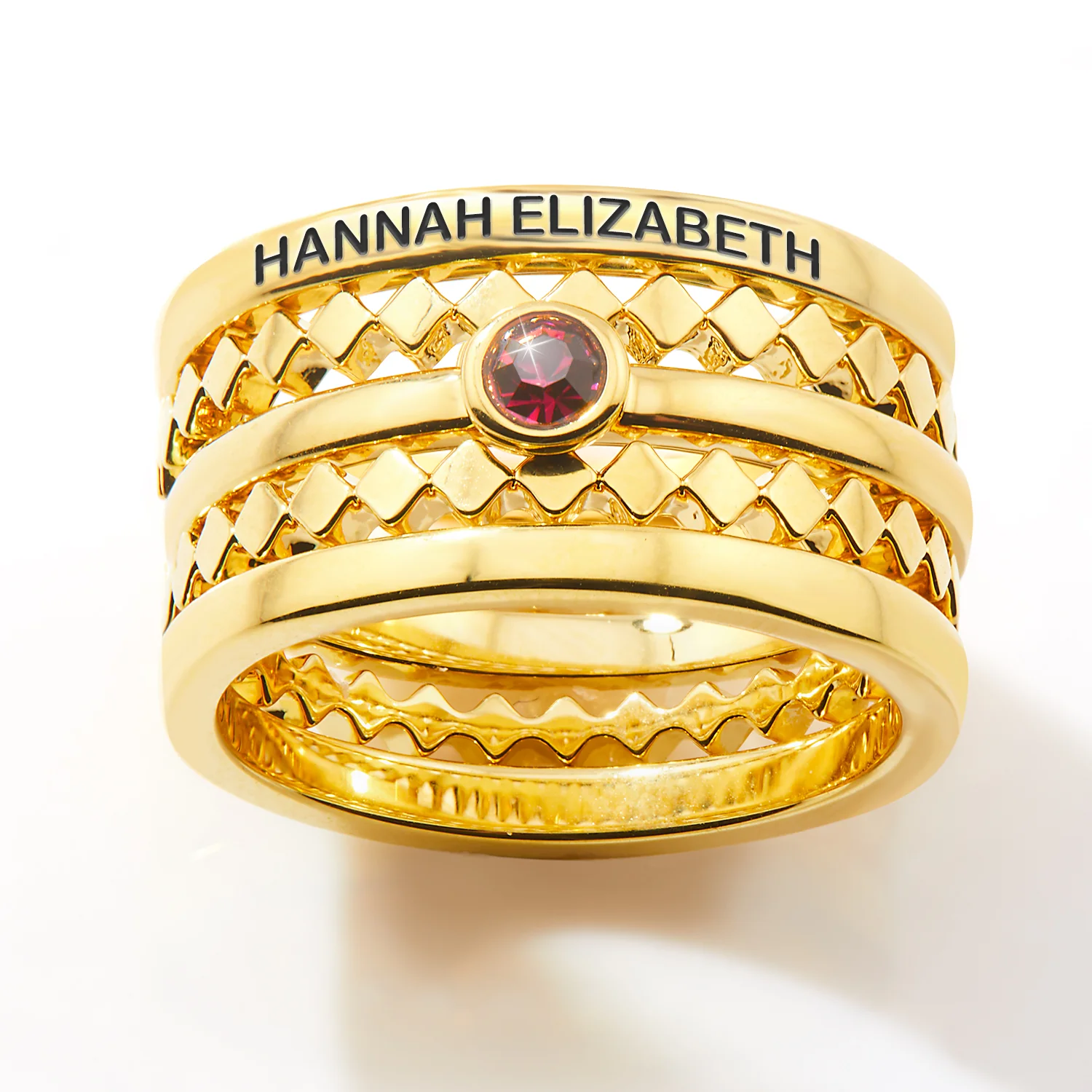 Gold Plated Engraved Birthstone Geometric Stackable 5 Ring Set