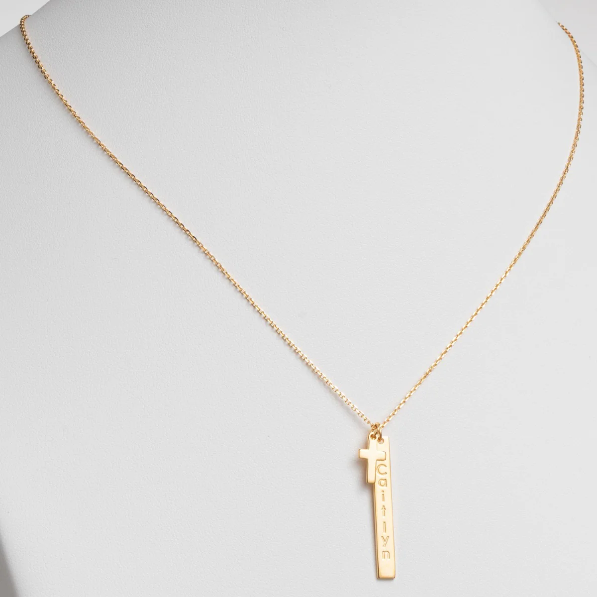 14K Gold Plated Engraved Name Vertical Bar With Cross Necklace - Image 2