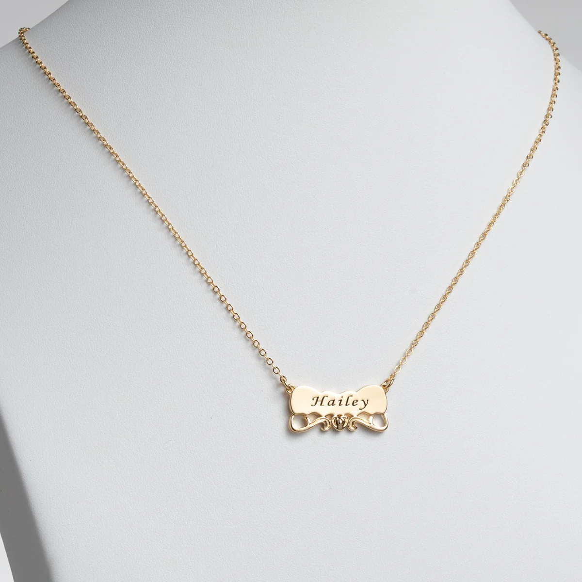 14K Gold Plated Engraved Name with Heart Scroll Plaque Necklace - Image 2