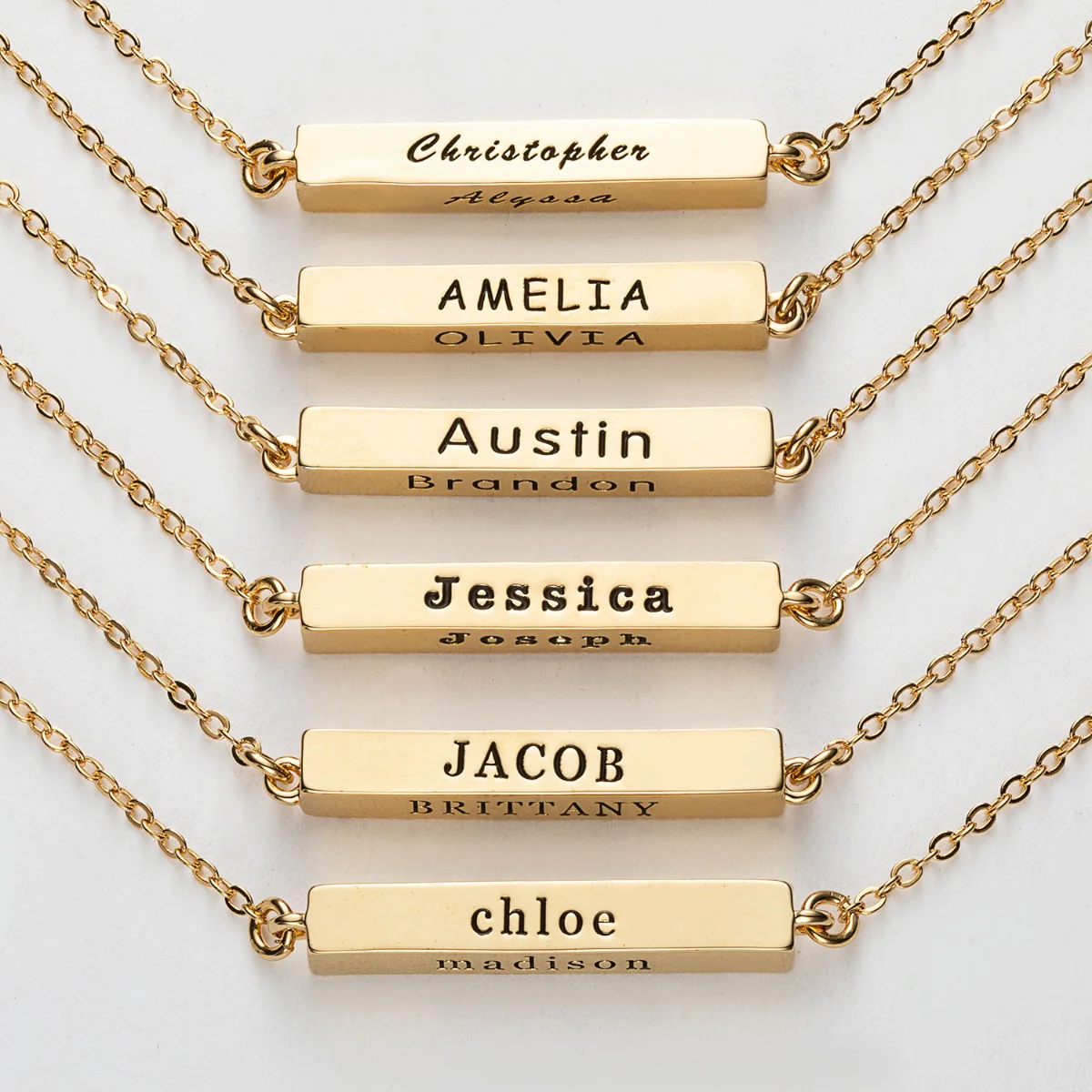 14K Gold Plated Horizontal 4-Sided Engraved Family Name Necklace
