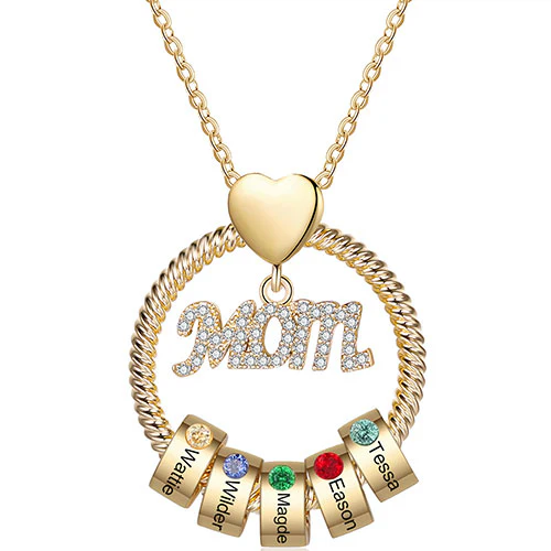Gold Plated Mom Circle Pendant with Engraved Birthstone Charm