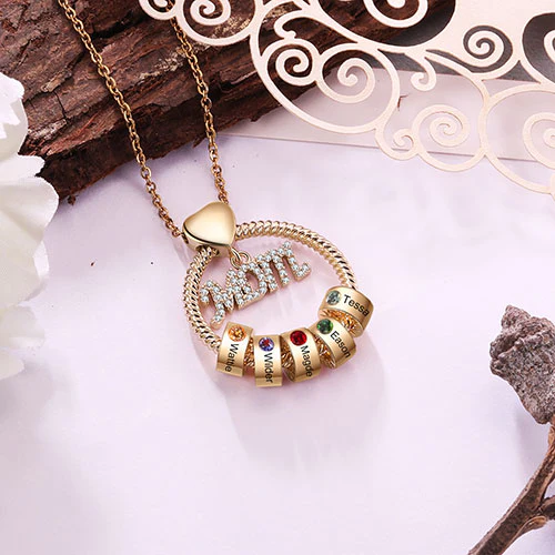 Gold Plated Mom Circle Pendant with Engraved Birthstone Charm - Image 2