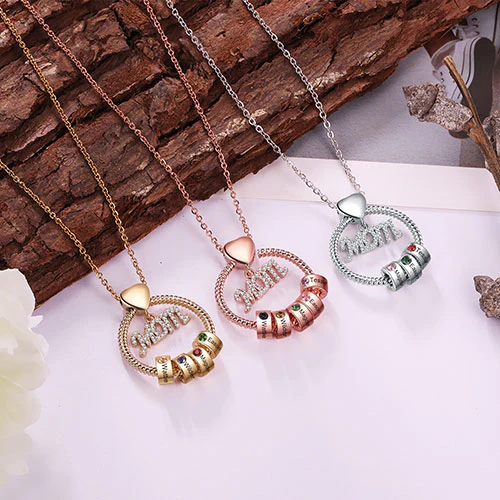 Gold Plated Mom Circle Pendant with Engraved Birthstone Charm - Image 5