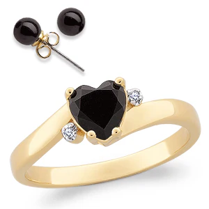 14K Gold Plated Onyx Heart Ring & CZ Accent with Onyx Earrings