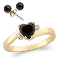 14K Gold Plated Onyx Heart Ring & CZ Accent with Onyx Earrings - Image 2