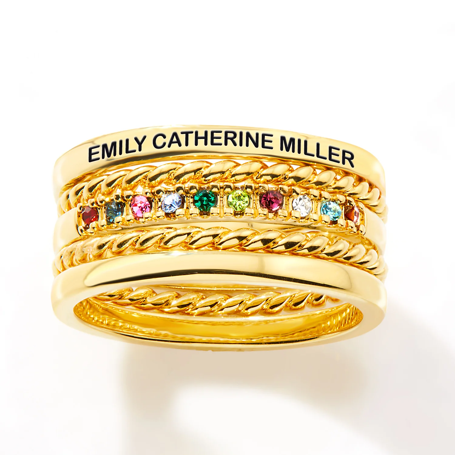 Gold Plated Personalized Family Birthstone Roped Stackable 5 Ring Set