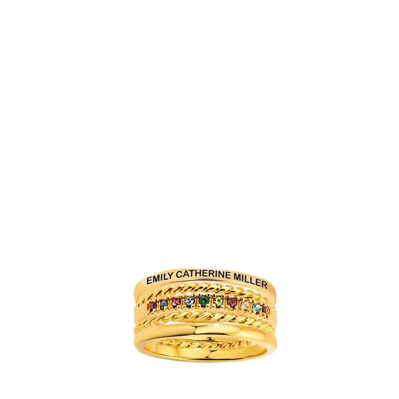 Gold Plated Personalized Family Birthstone Roped Stackable 5 Ring Set - Image 3