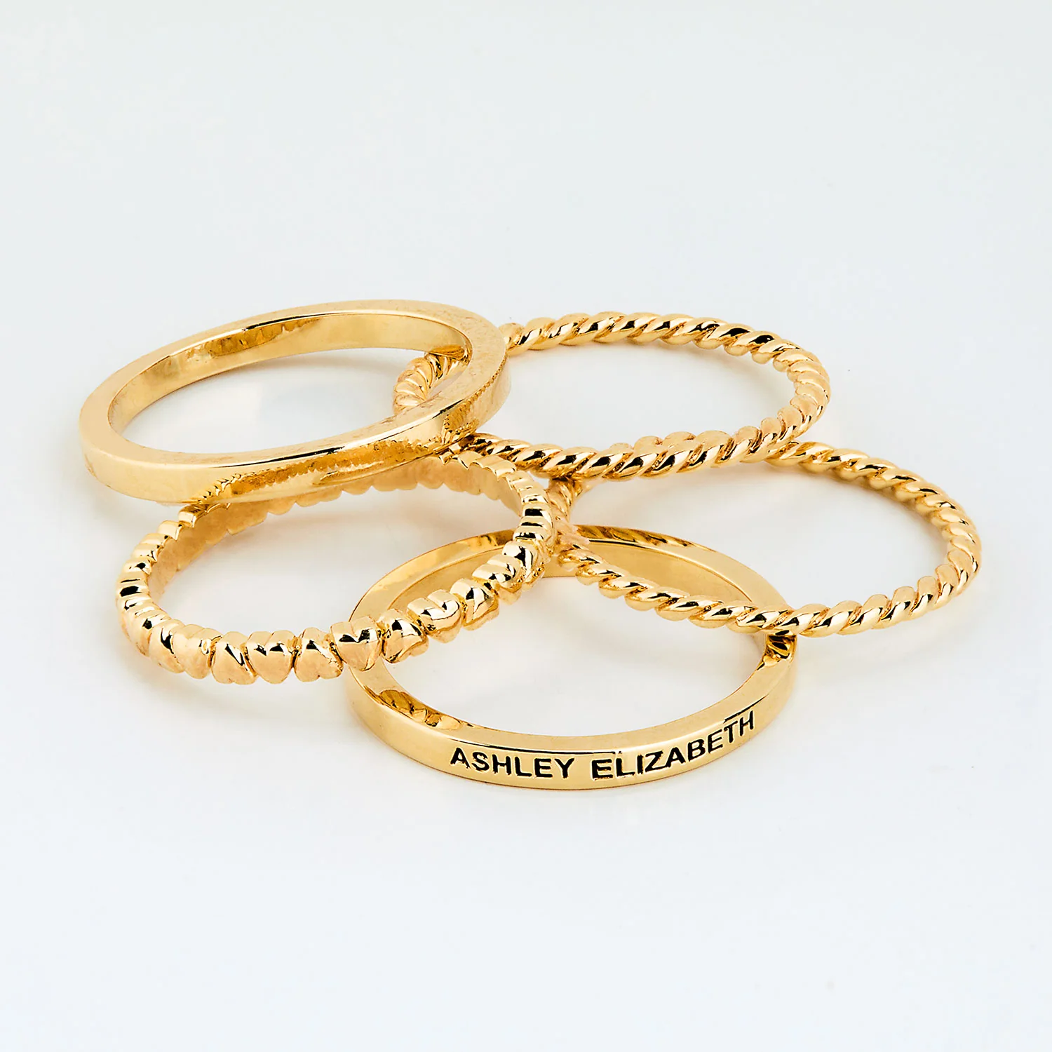 Gold Plated Personalized Roped and Petite Heart Stackable 5 Ring Set - Image 4