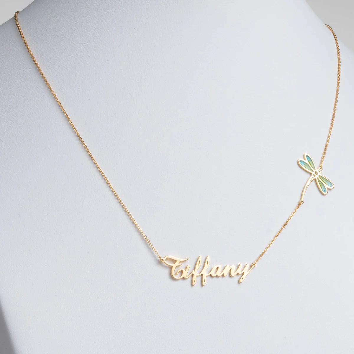 14K Gold Plated Script Name with Enamel Dragonfly Necklace - Image 2