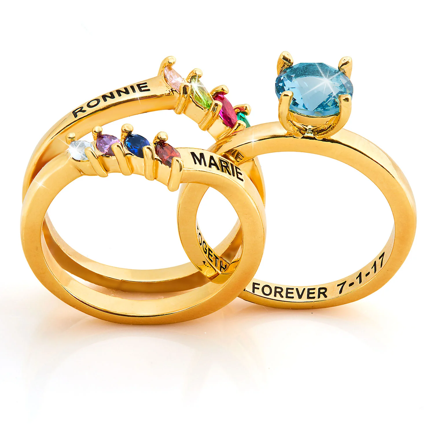 Gold Plated Solitaire and Family Birthstone Bypass Enhancer Ring Set - Image 3