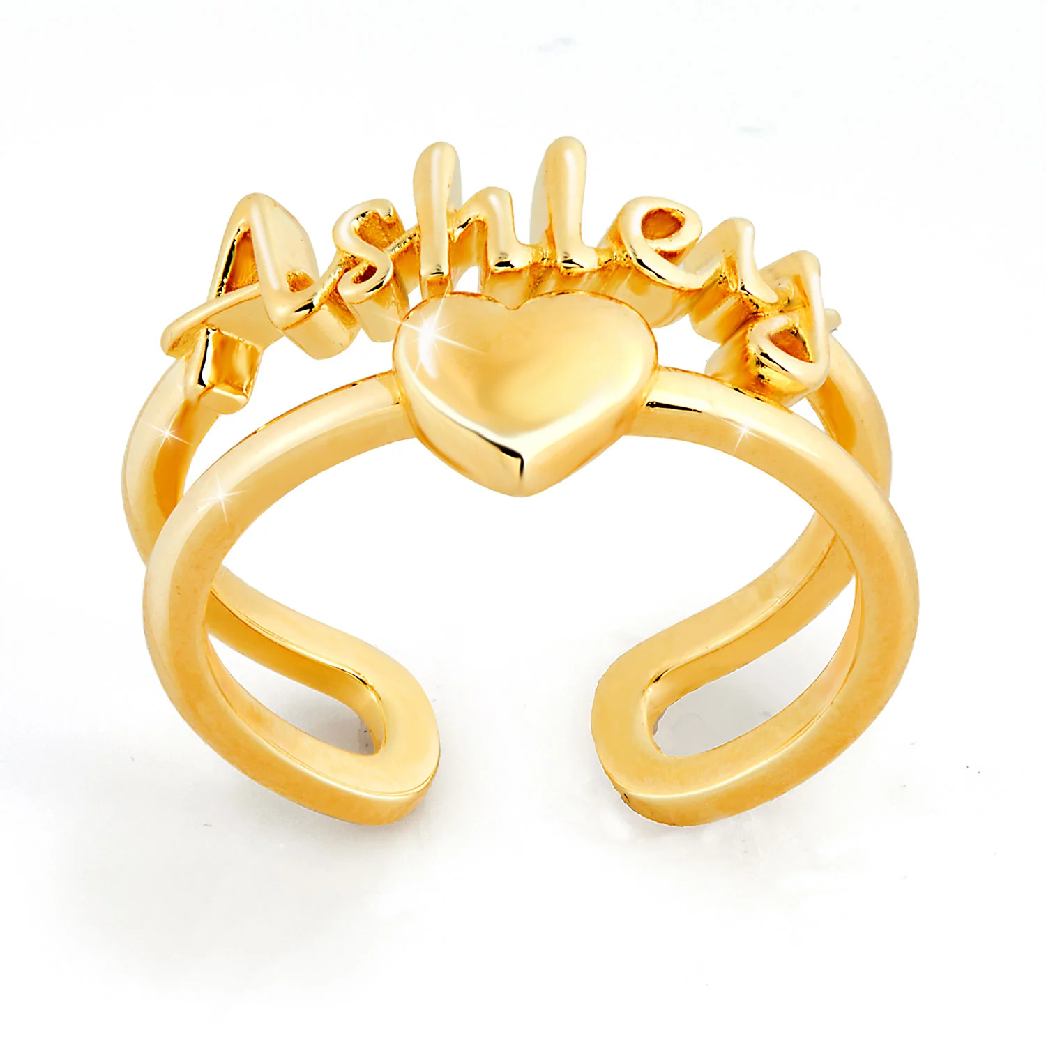 Gold Script Name and Heart Double Row Ring