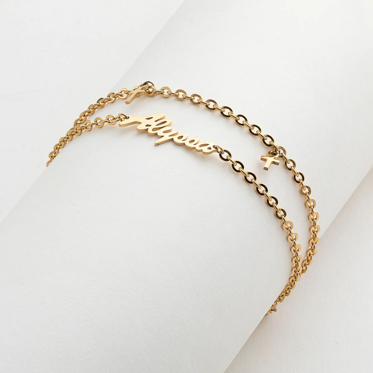 Gold Stainless Steel Double Chain Cross Charm and Name Anklet - Image 2