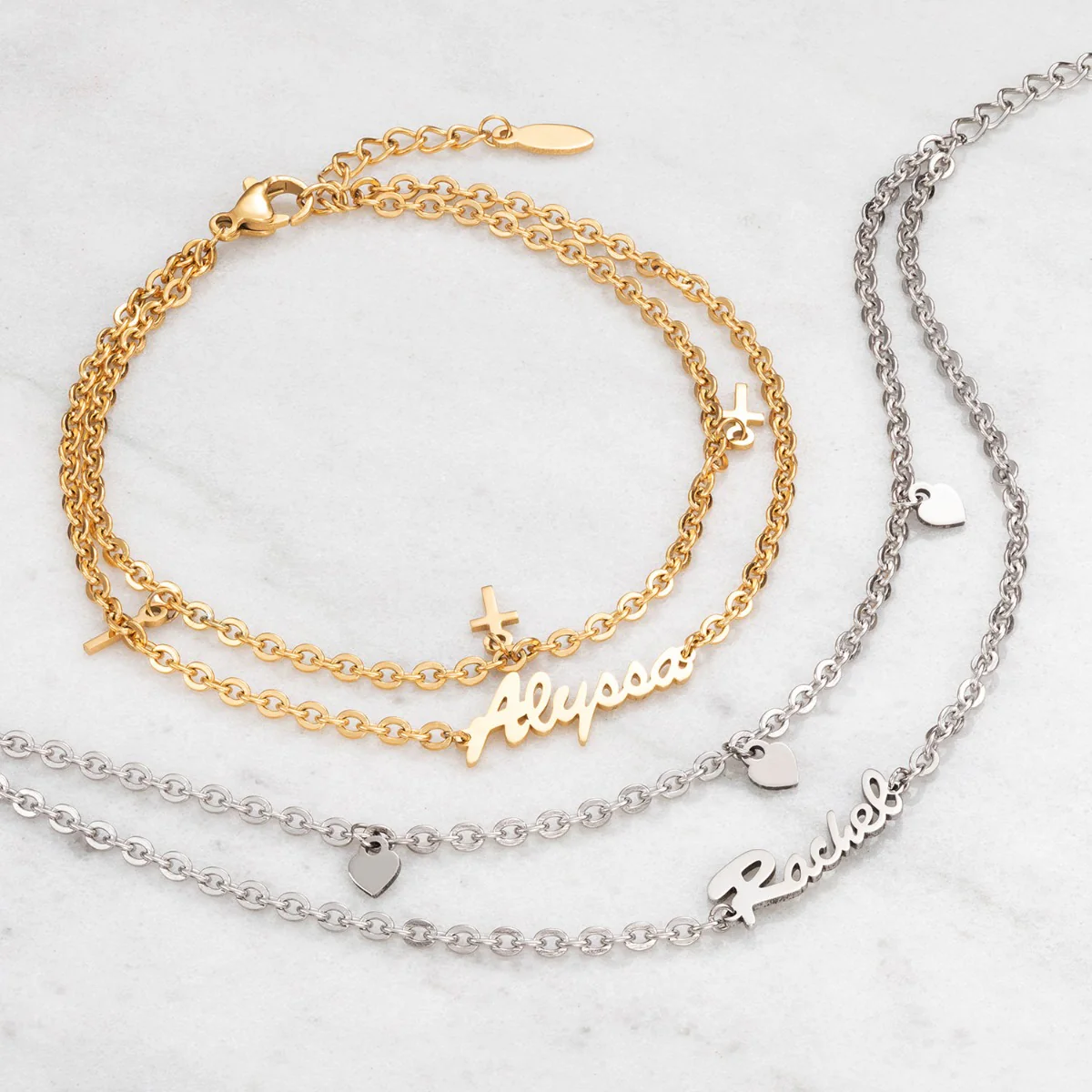 Gold Stainless Steel Double Chain Cross Charm and Name Bracelet - Image 3