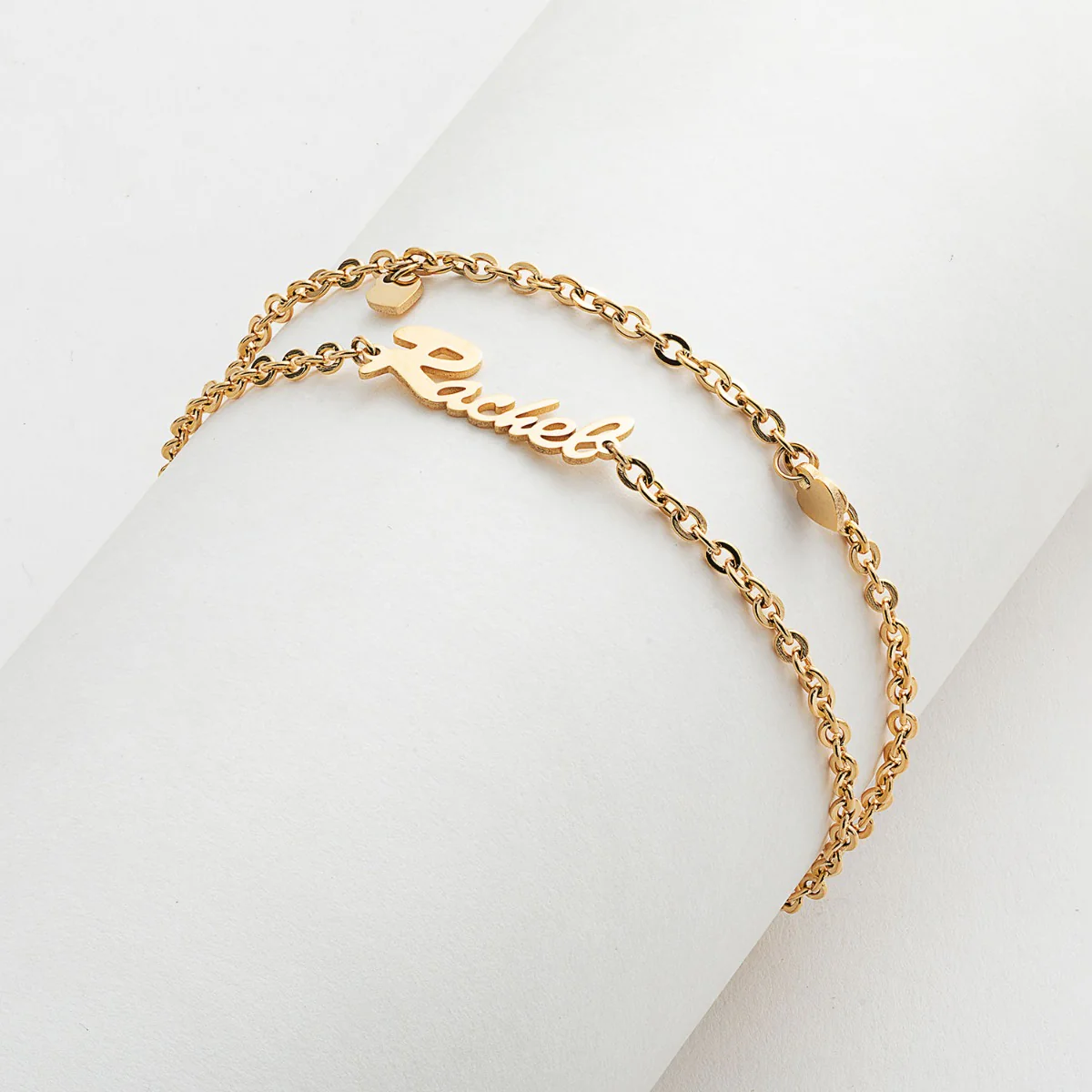 Gold Stainless Steel Double Chain Heart Charm and Name Anklet
