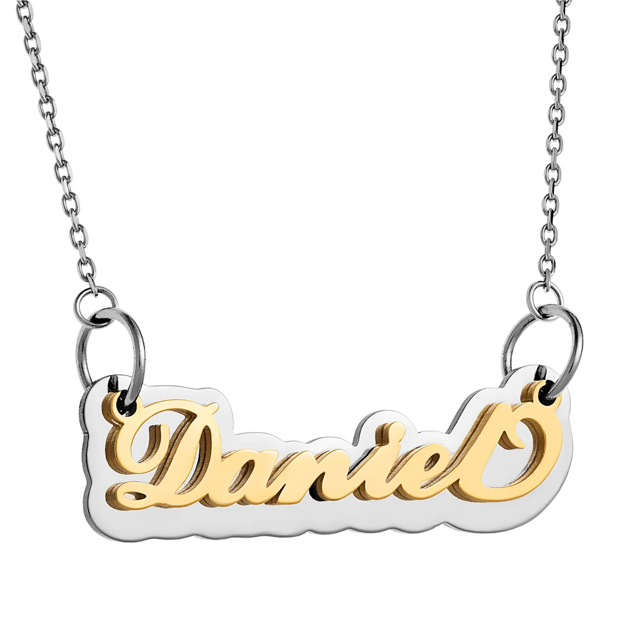 Gold Stainless Steel Name on Mirrored Reflective Plaque Necklace - Image 2