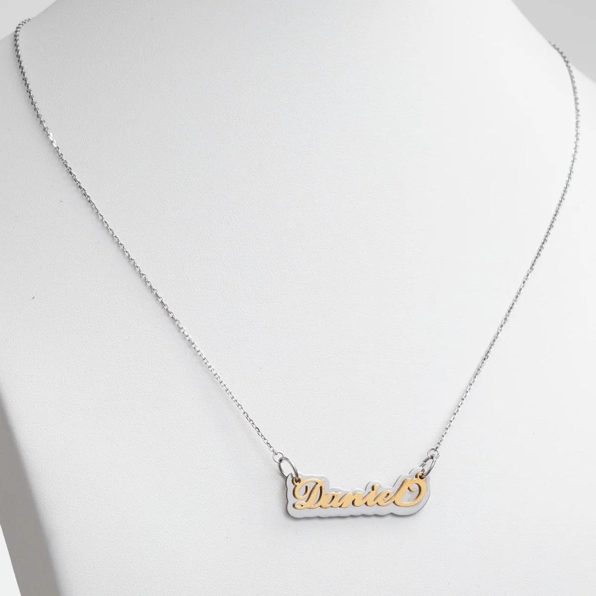 Gold Stainless Steel Name on Mirrored Reflective Plaque Necklace - Image 3