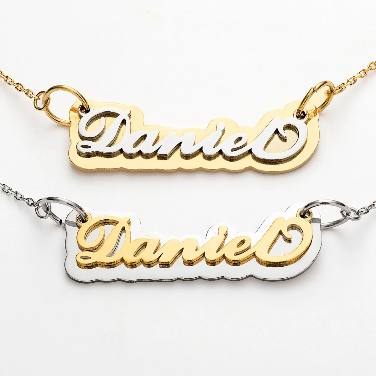 Gold Stainless Steel Name on Mirrored Reflective Plaque Necklace - Image 4