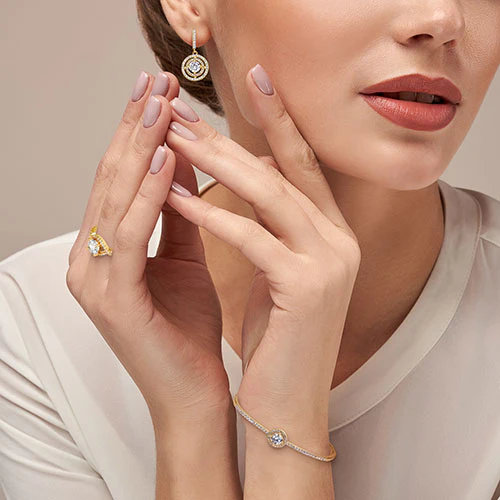 Goldtone CZ Dangle Earrings, Ring, and Cuff Bracelet Set - Image 2