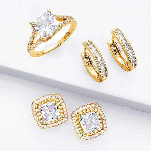 Goldtone CZ Halo Stud Earrings, Hoop and Ring Set