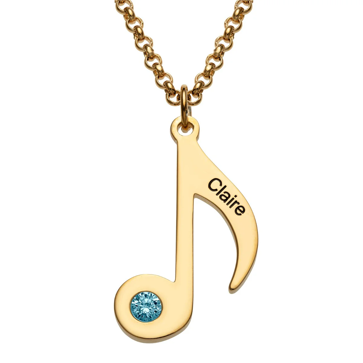 14K Gold Plated Eighth Note Name and Birthstone Necklace