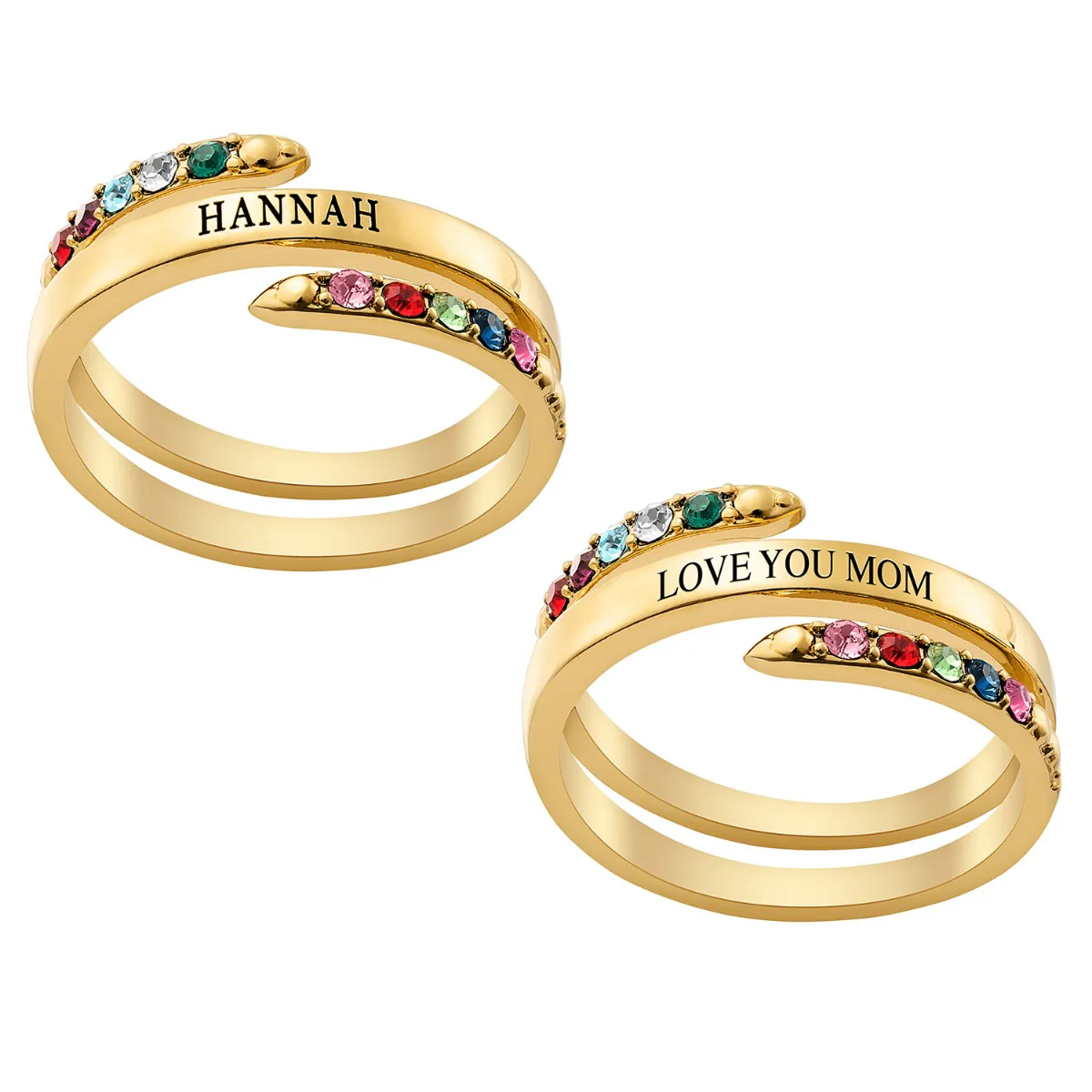 14K Gold Plated Engraved Family Birthstone Bypass Ring - Image 2