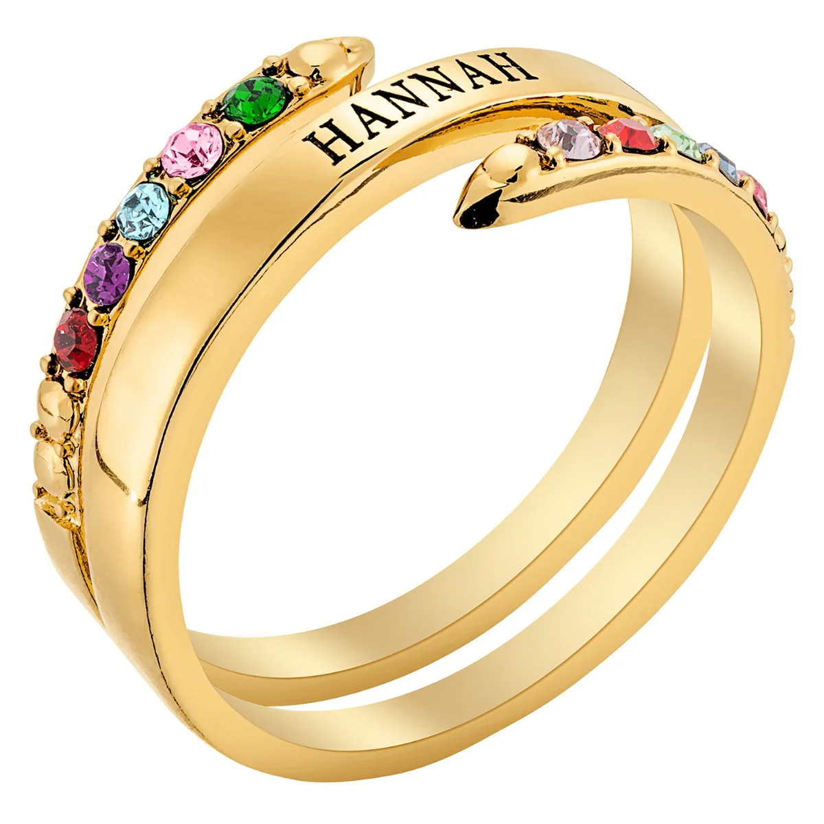14K Gold Plated Engraved Family Birthstone Bypass Ring - Image 3
