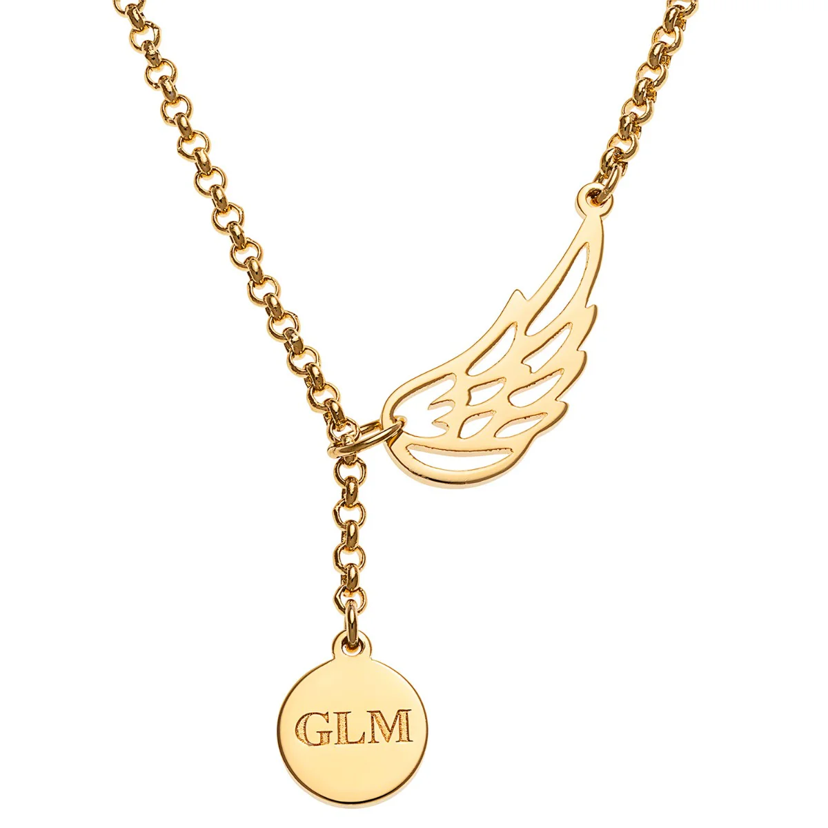 14K Gold Plated Engraved Initials Disc and Angel Wing Y-Necklace