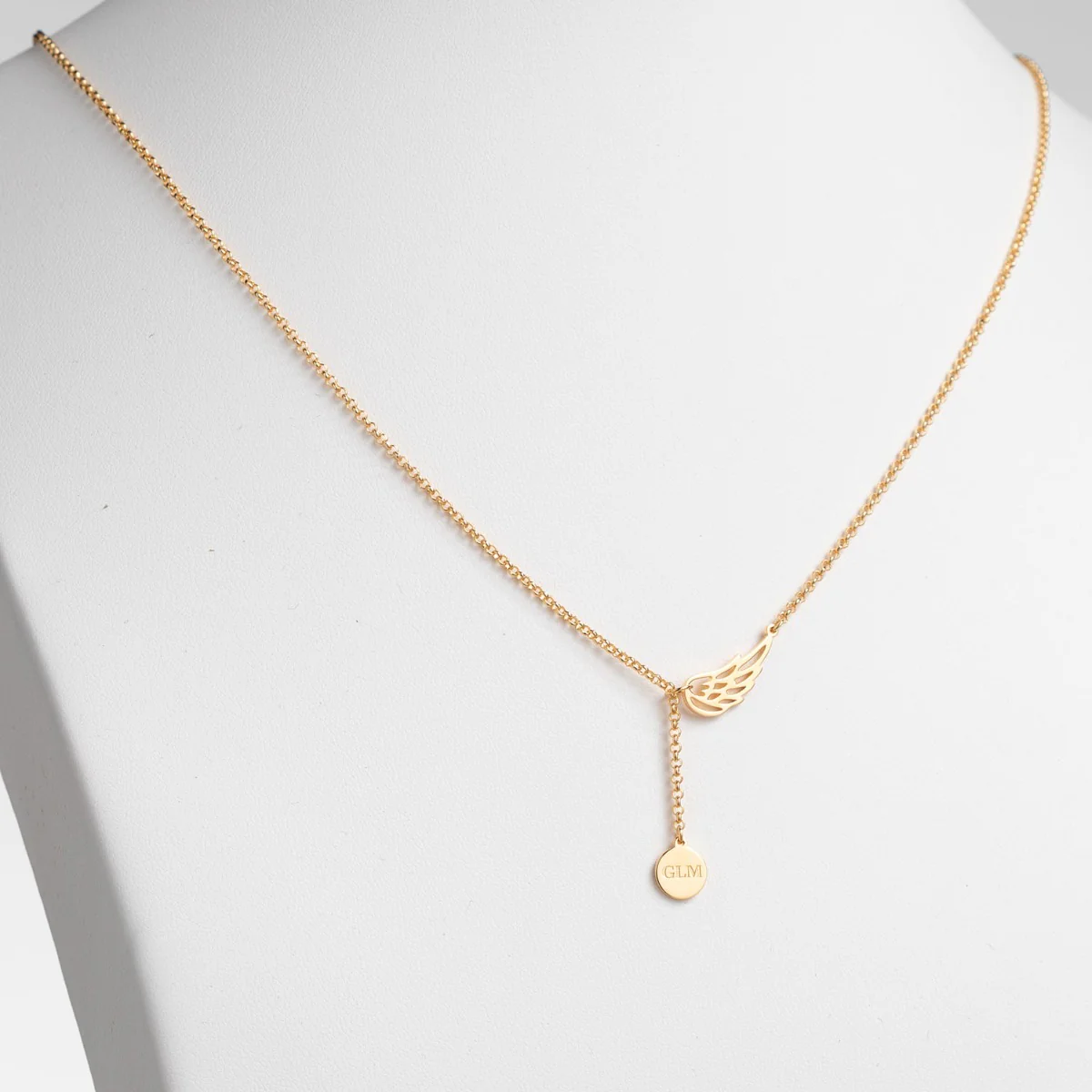 14K Gold Plated Engraved Initials Disc and Angel Wing Y-Necklace - Image 2