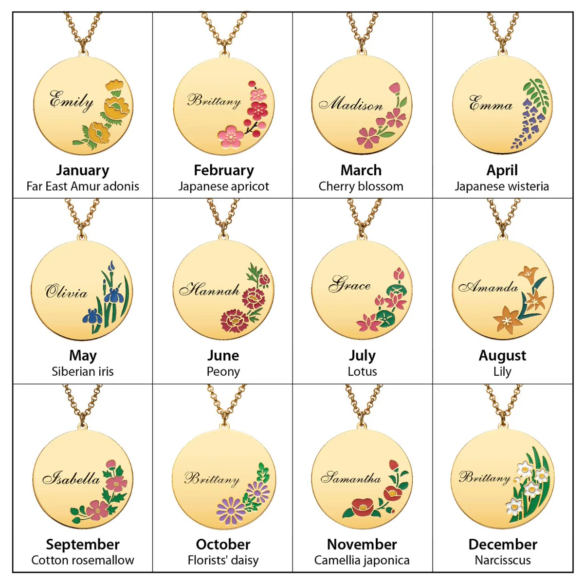 14K Gold Plated Engraved Name and Enamel Birth Flower Necklace - Image 7