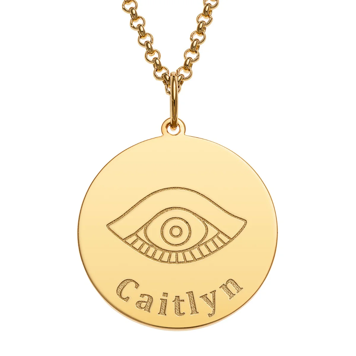 14K Gold Plated Engraved Name and Evil Eye Disc Necklace