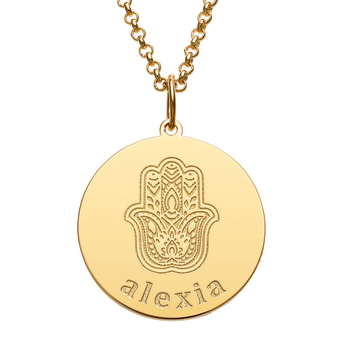 14K Gold Plated Engraved Name and Hamsa Hand Disc Necklace