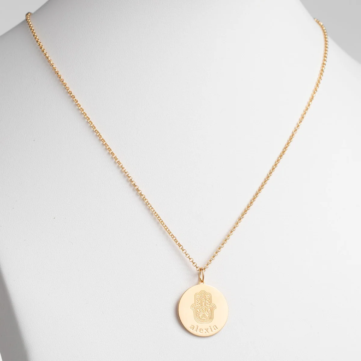 14K Gold Plated Engraved Name and Hamsa Hand Disc Necklace - Image 2