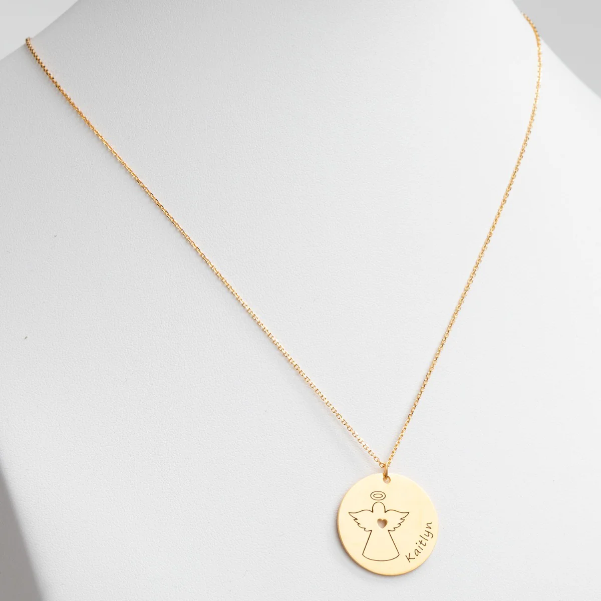 14K Gold Plated Engraved Name with Angel Disc Necklace - Image 2