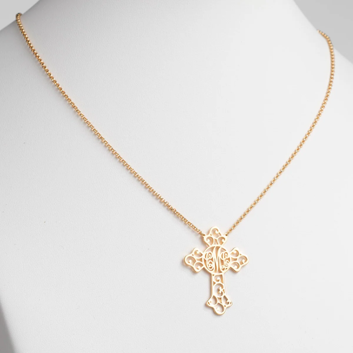 14K Gold Plated Filigree Cross with Monogram Necklace - Image 2