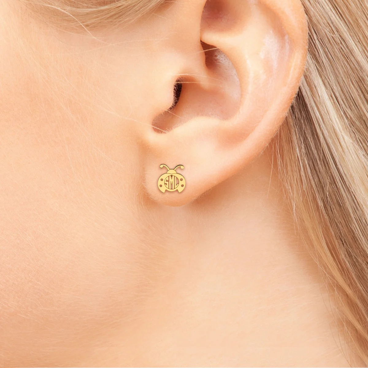 14K Gold Plated Ladybug Monogram Button Earring - Image 3