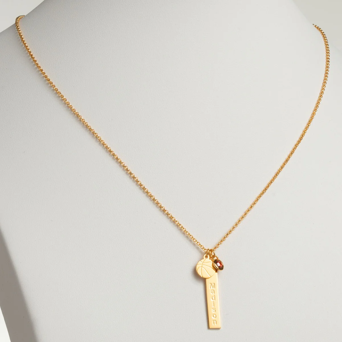 14K Gold Plated Name Necklace with Basketball Charm and Birthstone Dangle