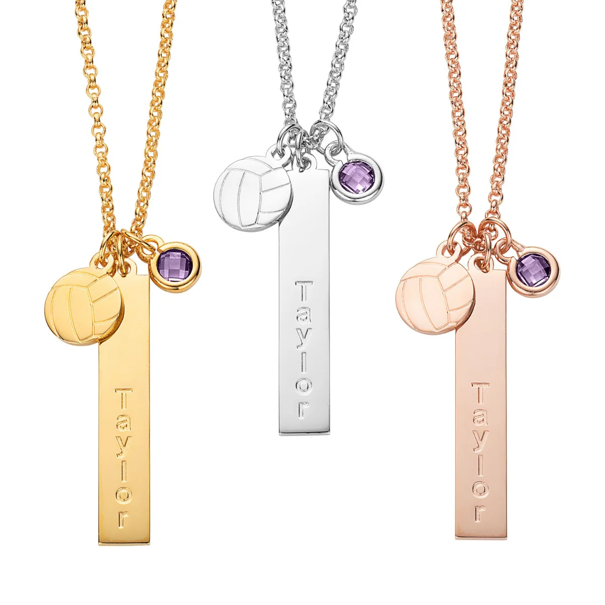 14K Gold Plated Name Necklace with Volleyball Charm and Birthstone Dangle - Image 3