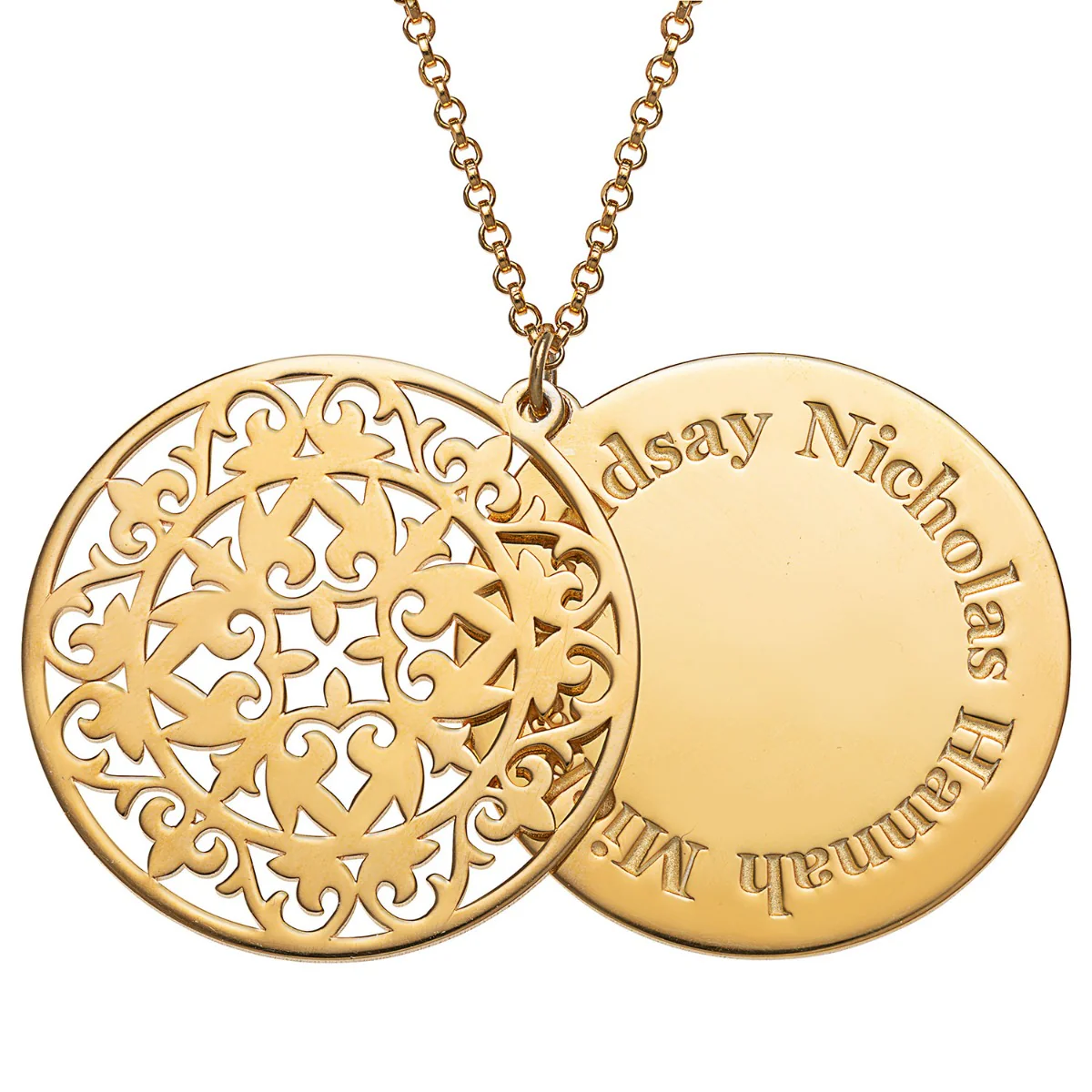 14K Gold Plated Personalized Mandala Double Disc Family Name Necklace - Image 3